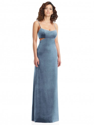 Melhores Sem Mangas Azul Empoeirado Lombar Bainha Decote Quadrado Vestidos de Madrinha / Vestidos de Noite / Vestidos de Festa