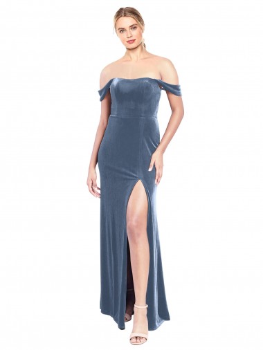 Melhores Sem Mangas Azul Empoeirado Linha A Fora do Ombro Longo Vestidos de Madrinha / Vestidos de Festa