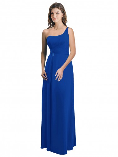 Melhores Sem Mangas Azul Real Lombar Linha A Um Ombro Vestidos de Madrinha