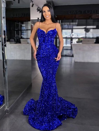Melhores Sem Mangas Azul Real Sereia Alças finas Vestidos de Festa
