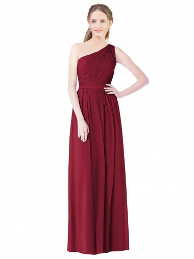 Melhores Sem Mangas Borgonha Linha A Um Ombro Chiffon Longo Vestido de Madrinha