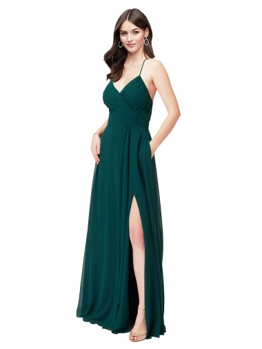 Melhores Sem Mangas Caçador Verde Criss Cruz Linha A Decote V Vestidos de Madrinha