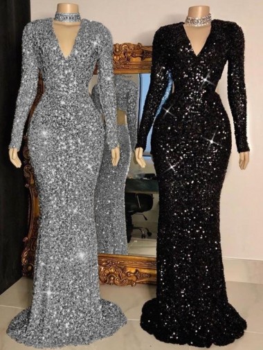 Melhores Mangas Compridas Preto Bainha Decote V Vestidos de Festa