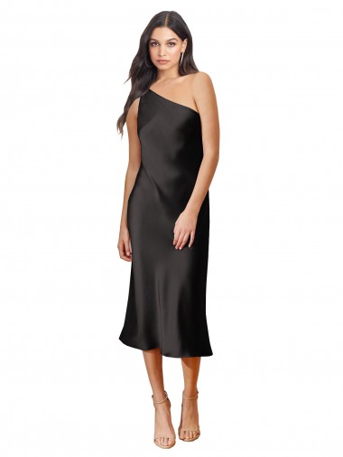 Melhores Sem Mangas Preto Bainha Um Ombro Cetim Elástico Vestidos de Madrinha / Vestidos de Noite / Vestidos de Festa
