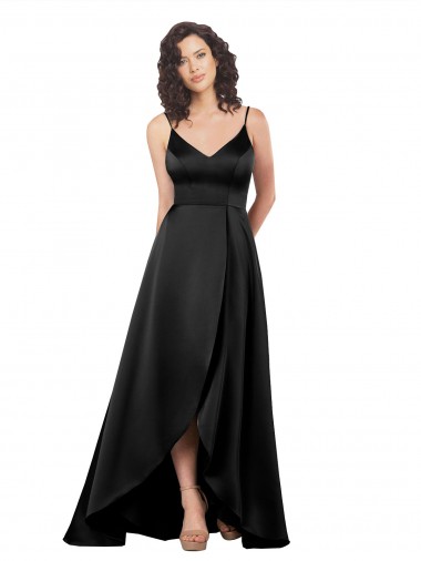 Melhores Sem Mangas Preto Lombar Linha A Decote V Cetim Sedoso Vestidos de Madrinha / Vestidos de Noite / Vestidos de Festa