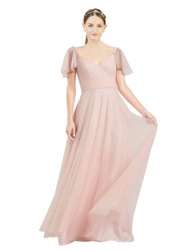 Melhores Mangas Esvoaçantes Rosa Linha A Decote V Vestidos de Madrinha