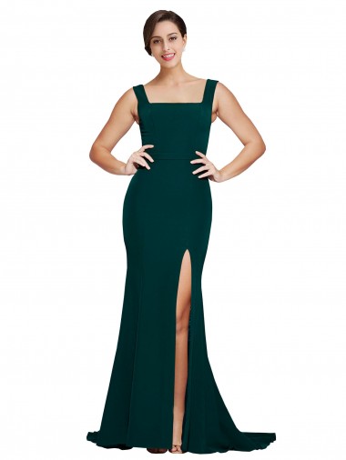 Melhores Sem Mangas Verde Meia-Noite Bainha Decote Quadrado Vestidos de Madrinha / Vestidos de Festa