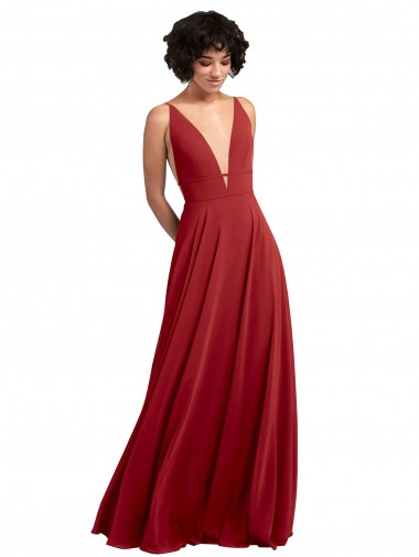 Melhores Sem Mangas Vermelho Costas em V Linha A Decote V Vestido de Madrinha
