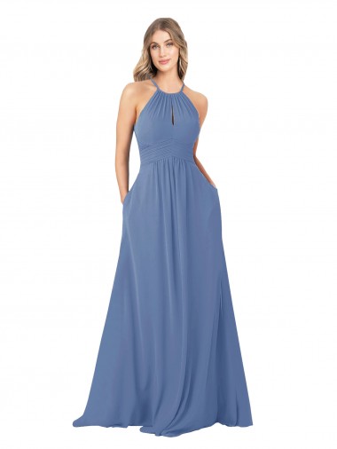 Melhores Sem Mangas Windsor Azul Abrir de volta Linha A Decote Alto Vestidos de Madrinha